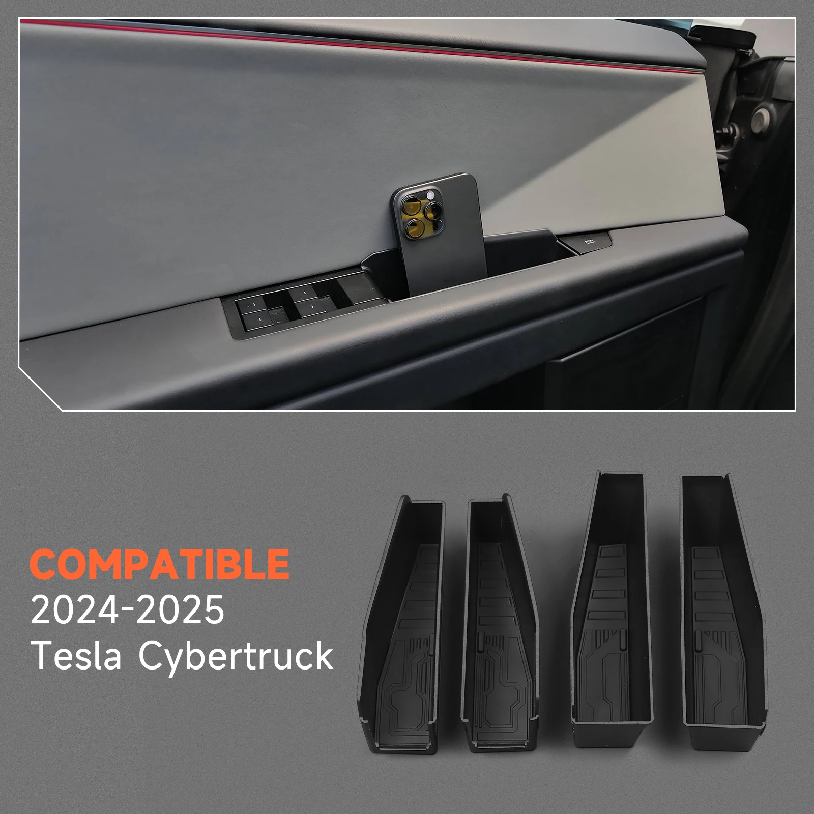 

For Tesla Cybertruck 2024-2026 Car Door Handle Storage Box Front Rear Door Storage Tray Organizer ABS Black 4 Pcs Accessories
