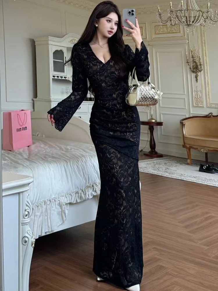 2025 Black Lace Jacquard Long Sleeve V-Neck Maxi Dress Women Vintage Hepburn Luxury Gown Autumn Winter Korean Bodycon Prom Dress