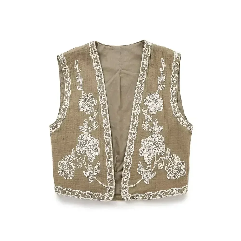 

Women's 2024 New Fashion Flower Embroidery Decoration Casual Short Open Vest Retro Sleeveless Women's Waistcoat Unique Top