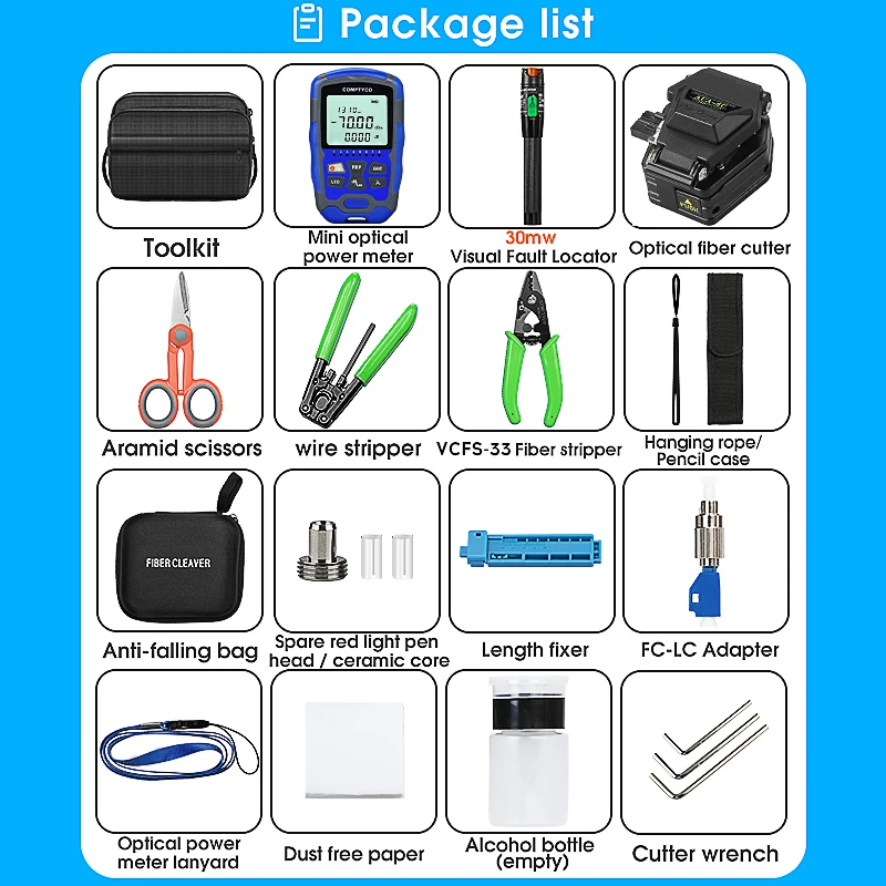 COMPTYCO 21pcs/set FTTH Fiber Optic Tool Kit with M7 OPM-70~+10dBm Optical Power Meter 30mw Visual Fault Locator AUA-6C Cleaver