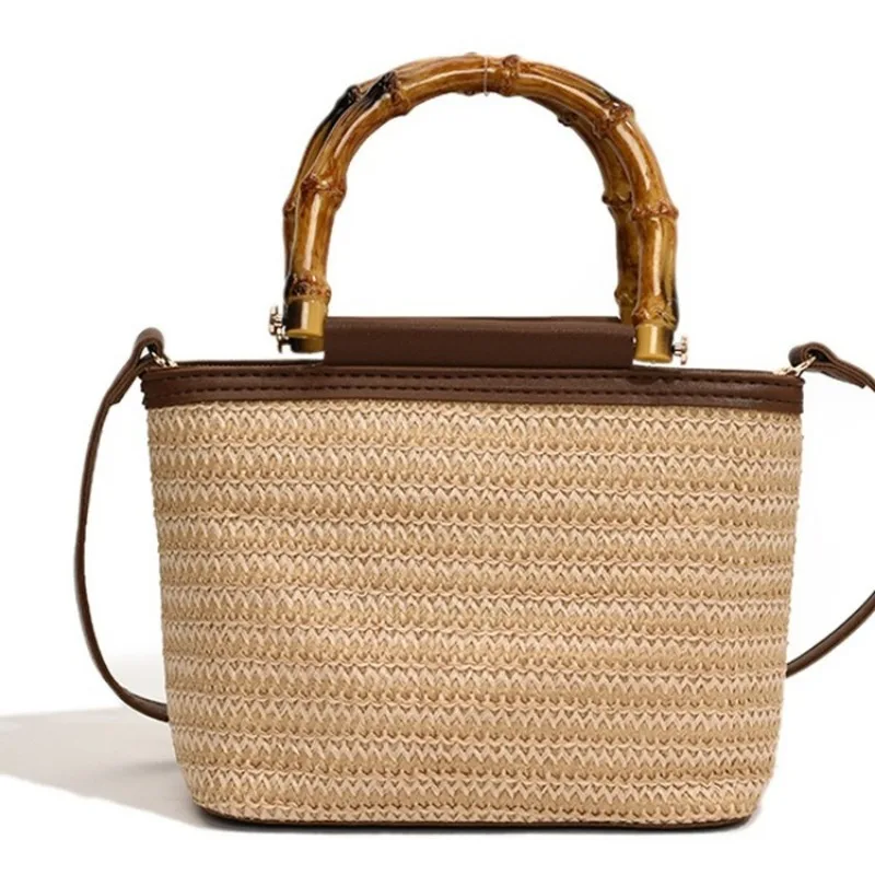 Summer Tote Straw Bucket Shoulder Crossbody Bag for Women 2024 New Designer Top Handle Square Bag Female Handbags Ladies Beach