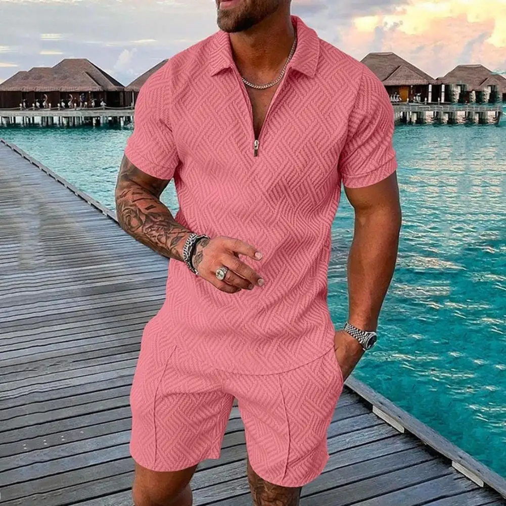 Conjunto casual de design de lapela com zíper masculino, camisa com decote com zíper lapela, cintura elástica, elegante 2 peças para exterior