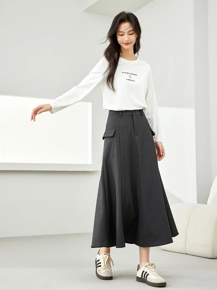 Vimly Dark Grey Elegant A-line Midi Skirt 2024 Spring New Office Lady Side Pockets Elastic Waist Fishtail Skirts Clothing M5273