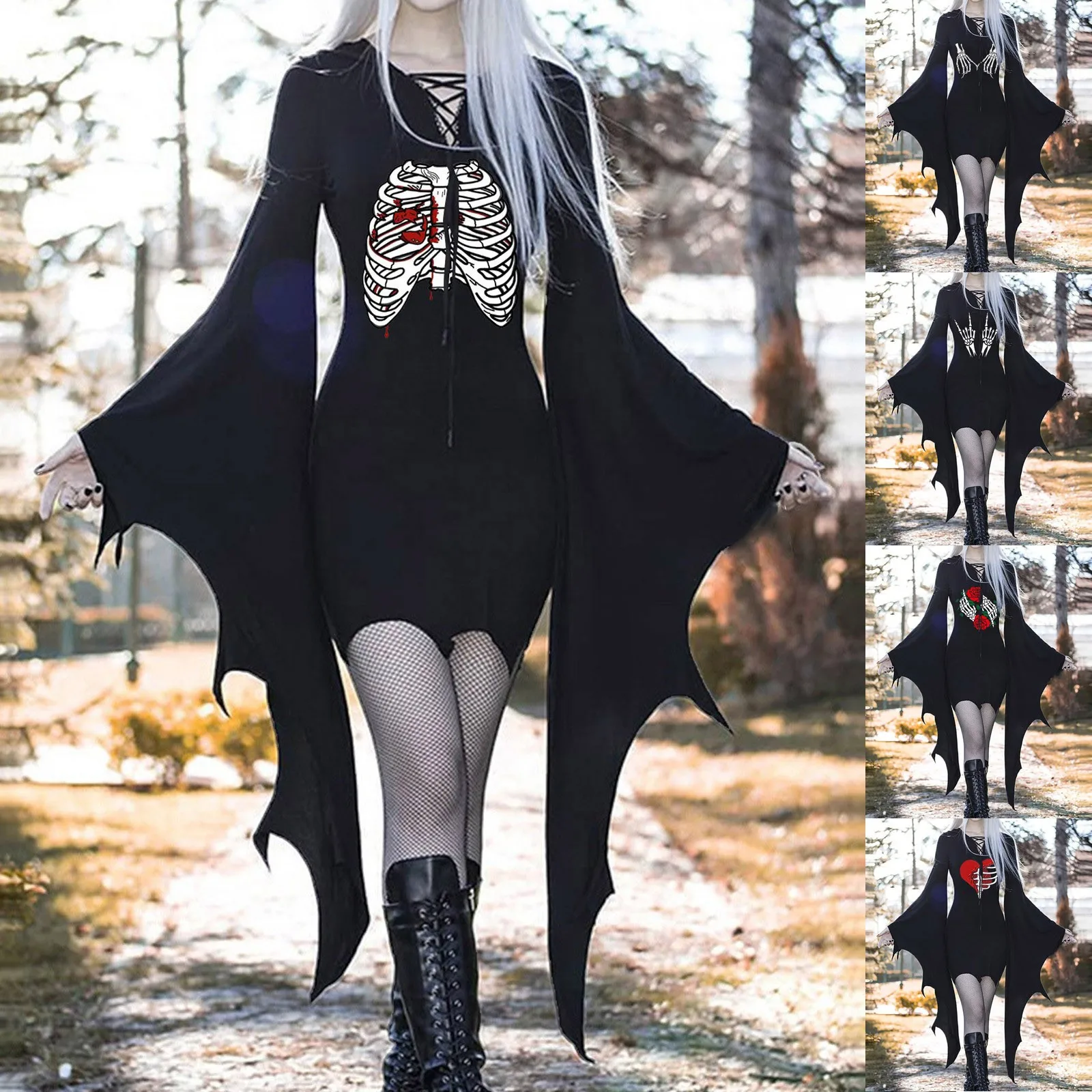 Vintage Halloween Dress Witch Vampire Cosplay Costumes Gothic Batwing Sleeve Dresses Up Medieval Female Party Slim Dress Vestido