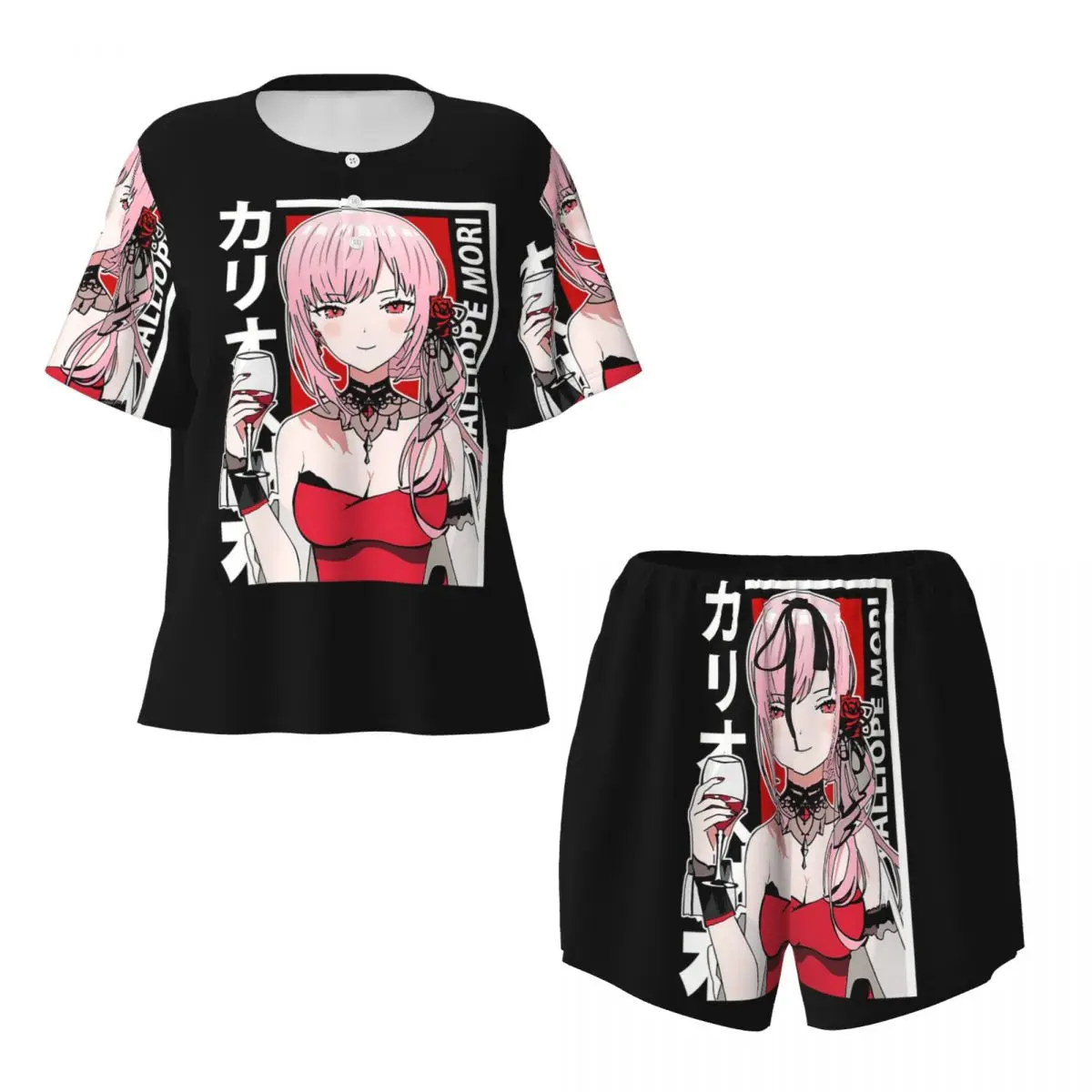 Calliope Mori Red Dress Hololive En Round Neck Short Sleeve Nightgowns for Sleeping Sleepshirts Women Soft Pajama Set Short