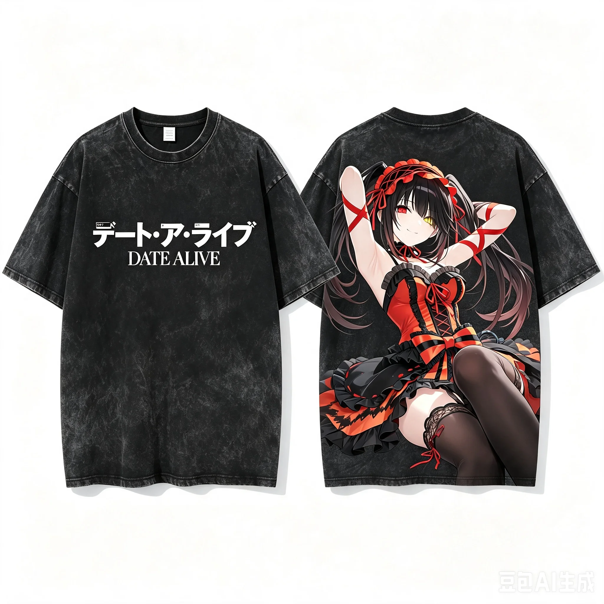 Kurumi Tokisaki Date A Live Gothic Outfit Back Print Washed Crew Neck Short Sleeve Women And Men Comfortable T-Shirt