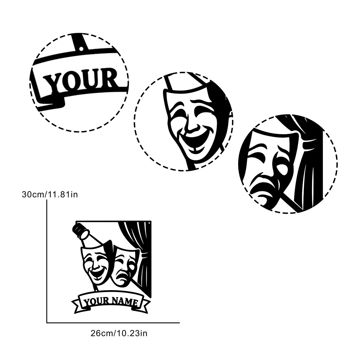 Personalized Theater Mask Metal Wall Sign,Custom Name Comedy Tragedy Mask Wall Art,Drama Stage Metal Plaque Home Decor Gift view 4