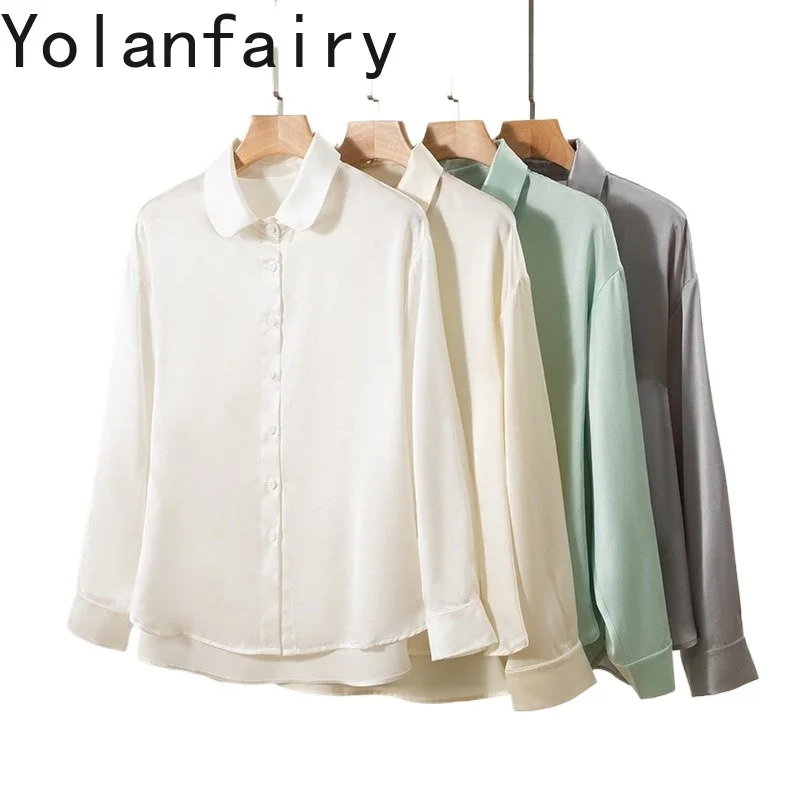 

YOLANFAIRY 100% Natural Mulberry Silk Shirts for Woman 2026 Elegant Long Sleeve Blouses Womens Tops OL Satin Shirt White Blouse