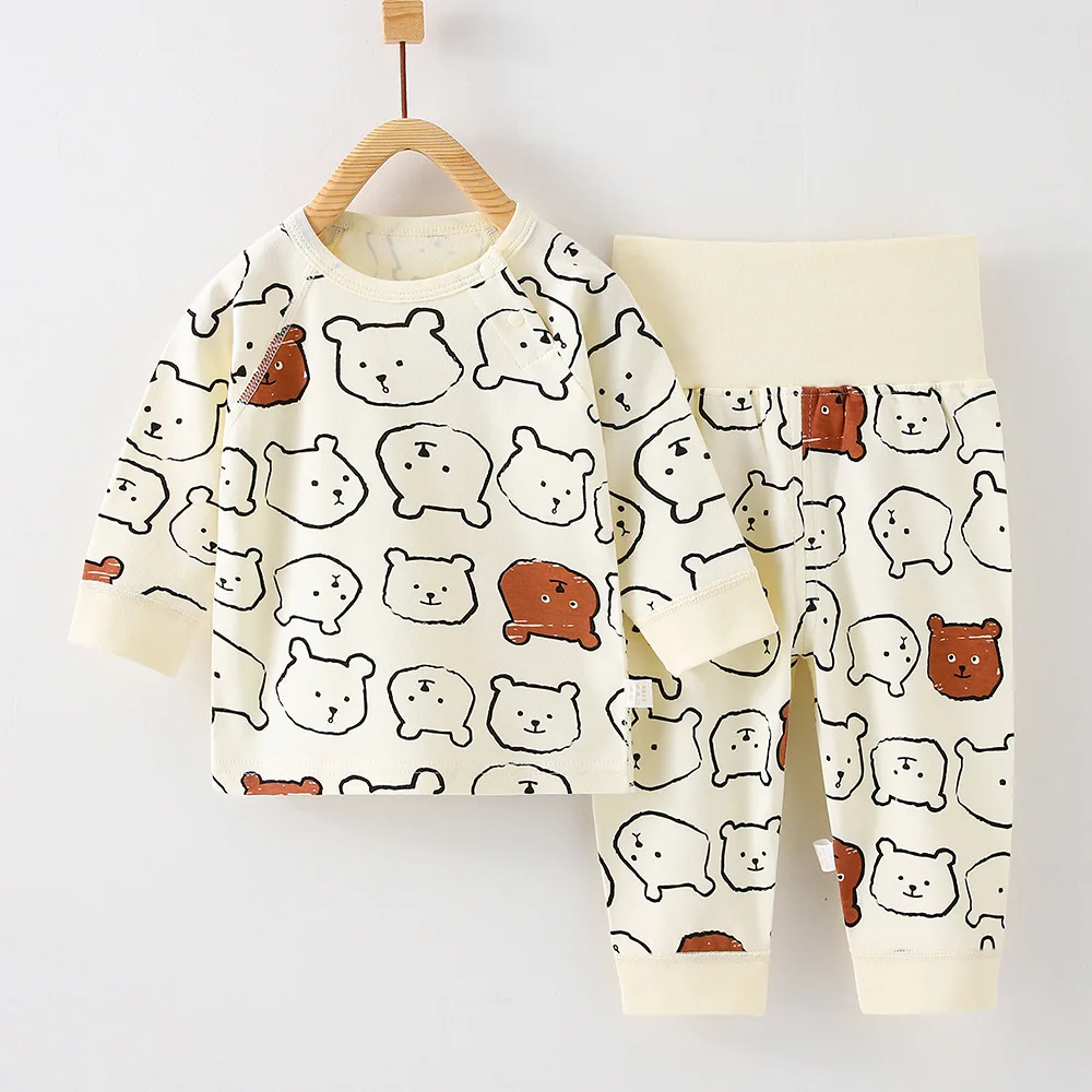 Frühling und Herbst Baby Pyjama und schläfrige Hosen Set aus reiner Baumwolle hohe Taille Bauchs chutz Baby zweiteilig Set Großhandel