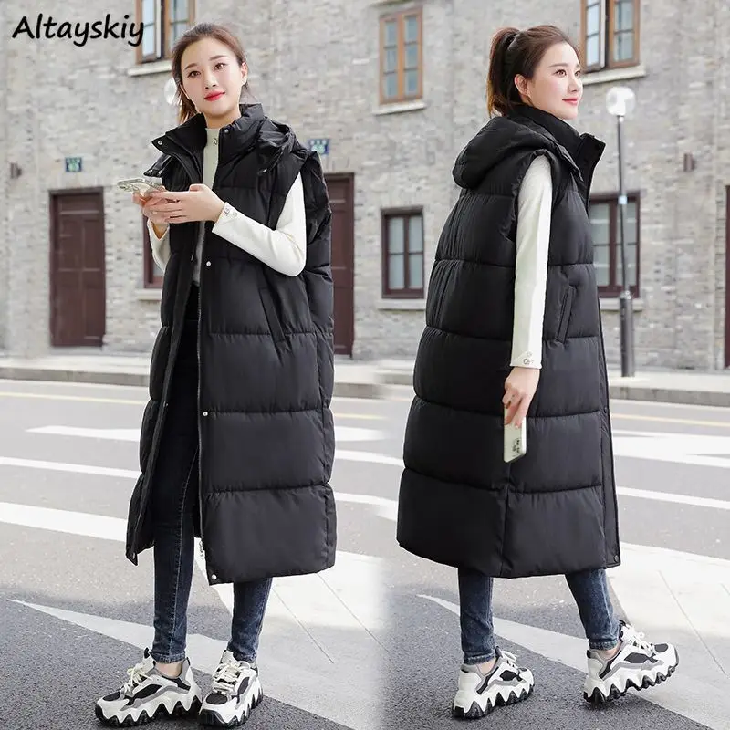 

Long Vests Women Solid Hooded Flattering Waist Bow Warm Korean Style New Pockets Casual Coats Winter Simple Thicker Windbreak