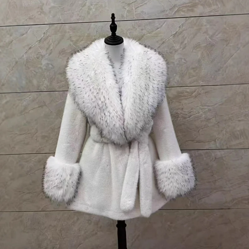 Golden Mink Faux Mink V-neck Waist Warm Medium-length Outerwear 2026 Winter New Fashionable Solid-color Leopard Print Fur Jacket