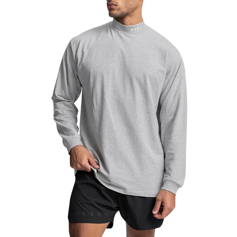 Long Sleeve Men Fitness Shirt Gym Workout Pullover Shirts Spring Autumn Mock Neck Sweatshirt Training Running Sport Basic TShirt