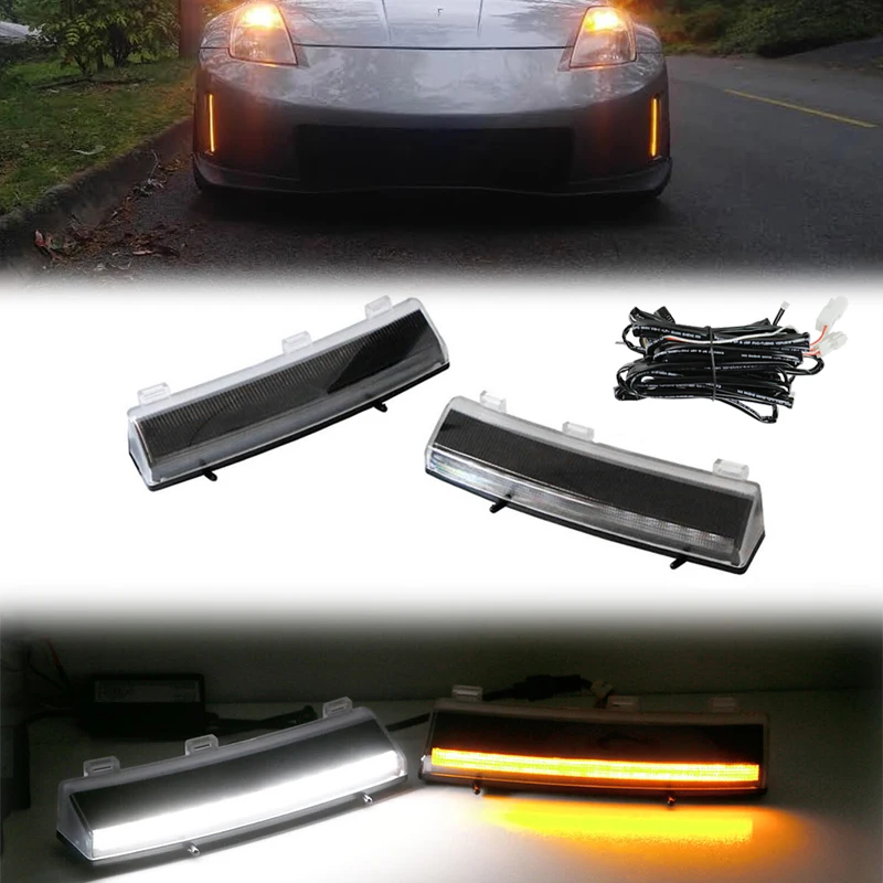 Zespół świateł do jazdy dziennej iJDM do 2006-2009 Nissan 350z LCI, biała dioda LED jak DRL oraz bursztynowo-żółta dioda LED jako kierunkowskazy