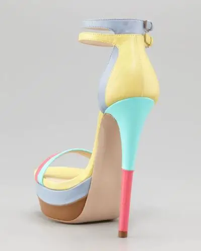 Yellow Blue Pink Mixed Color Leather Open Toe Platform Cover Heel Summer Sandals Women Stiletto Heel Ankle Buckle Party Shoes image 4