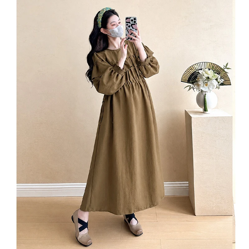Autumn Pregnant Woman High Waist Dress Lantern Sleeve Ruffles Patchwork O-neck Maternity A-line Dress