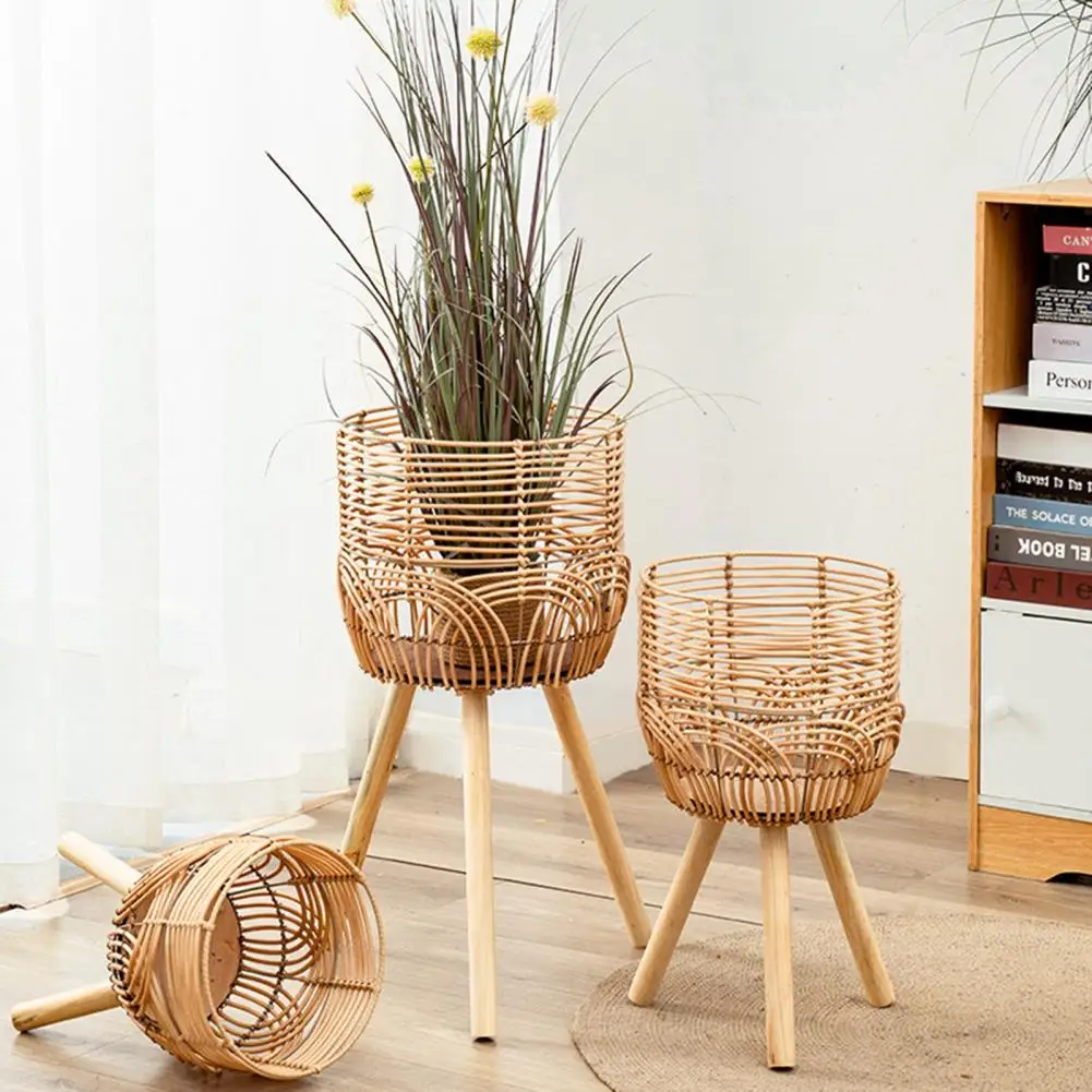 Flower Shelf Imitation Rattan Flower Stand Hollow Out Boho Plant Stand Basket Bamboo Woven Planter Basket with Removable Legs