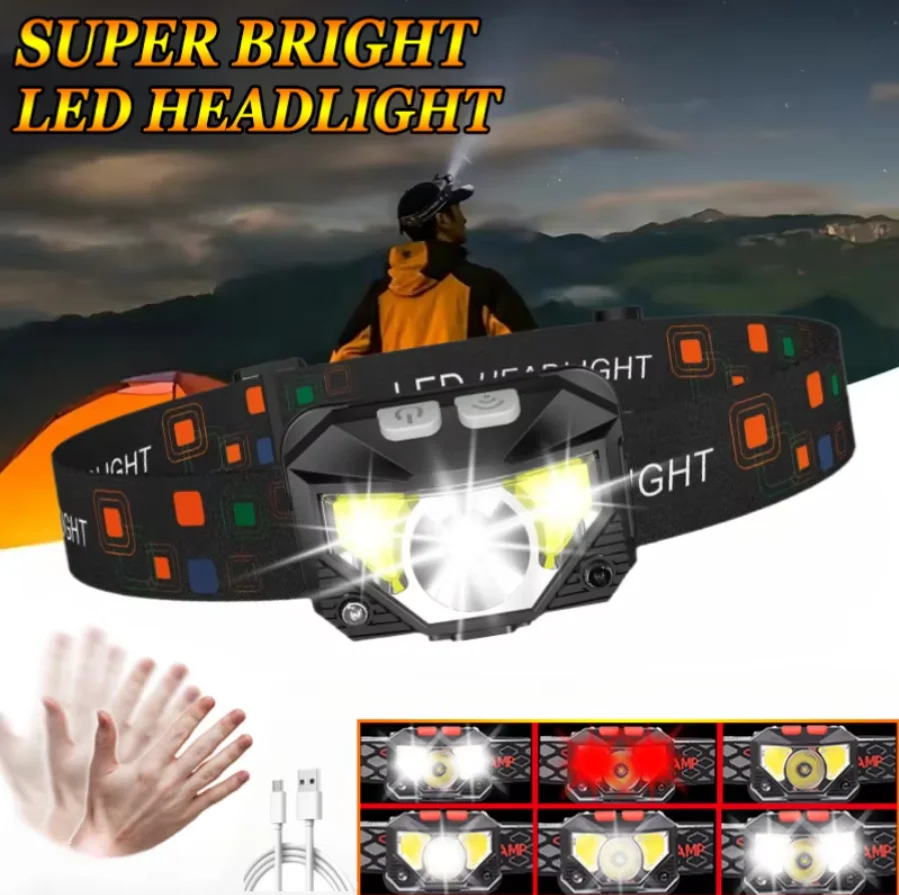 STAARICC Leistungsstarke XPE+COB-Stirnlampe mit Bewegungssensor, USB wiederaufladbar, 8 Beleuchtungsmodi, LED-Stirnlampe, Camping-Angel-Stirnlampe