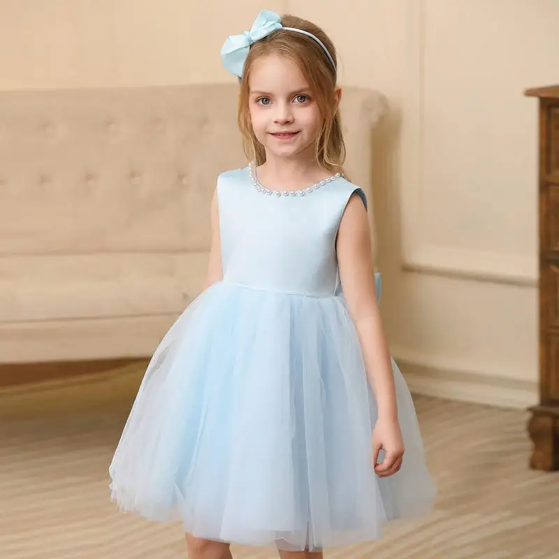 New Solid Color Pearl Bow Sleeveless Mesh Fluffy Skirt for Girls Christmas Halloween Birthday Party Princess Dress for 2-10 Year
