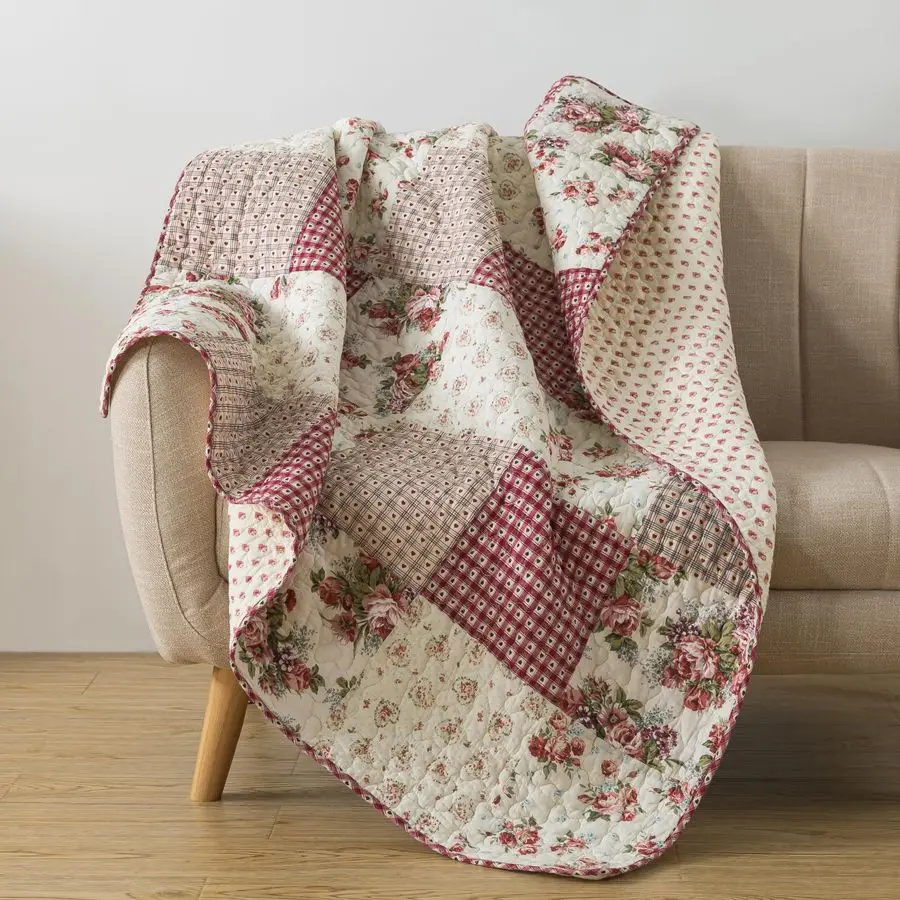 

Cotton Quilted Throw Blanket,50" x 60"Floral Farmhouse Patchwork Quilt, Shabby Chic Patchwork Throw Lap Quilt for Couch, Country