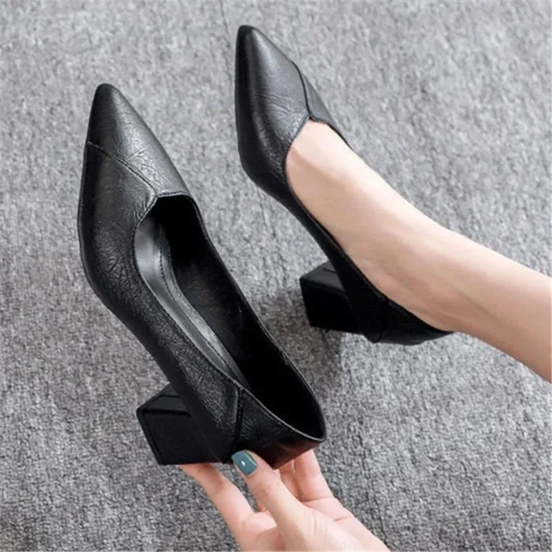 Black Chunky Heeled Women Shoes Square Heel Leather Shoes Pumps Zapatos De Mujer Fashion Designer Office Ladies