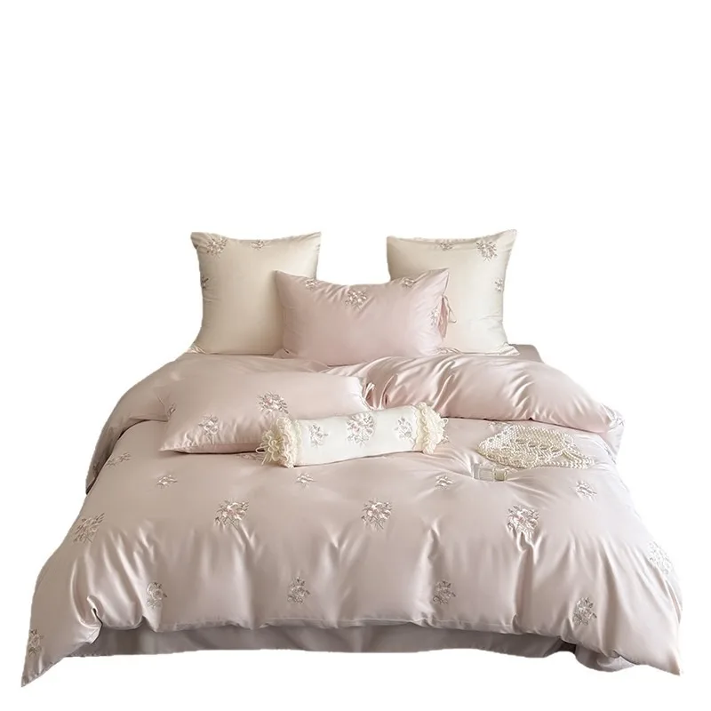 

French pink princess style 100S cotton long-staple cotton four-piece set rose embroidery quilt cover pure cotton bedding