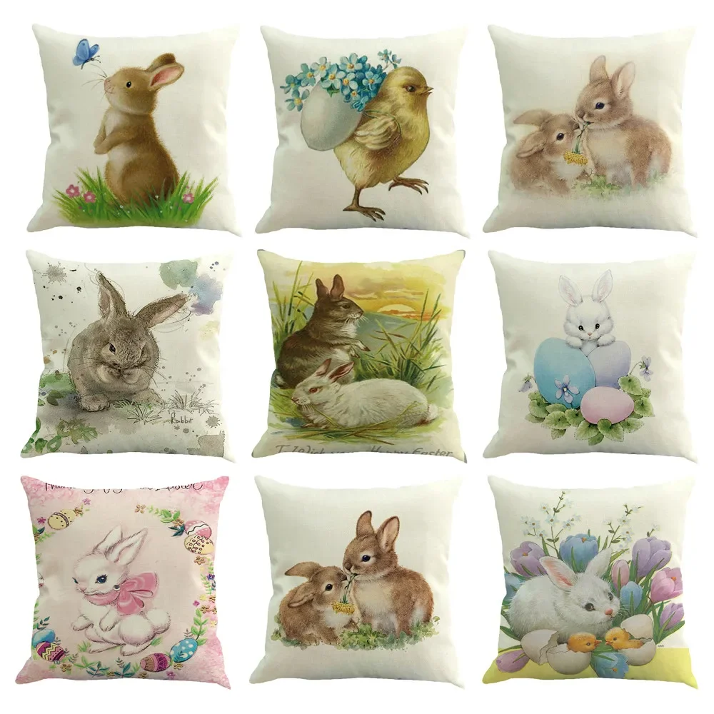 

Family Decorative Throw Pillow Cover Easter Rabbit Print Cushion Farmhouse Sofa 45X45CM