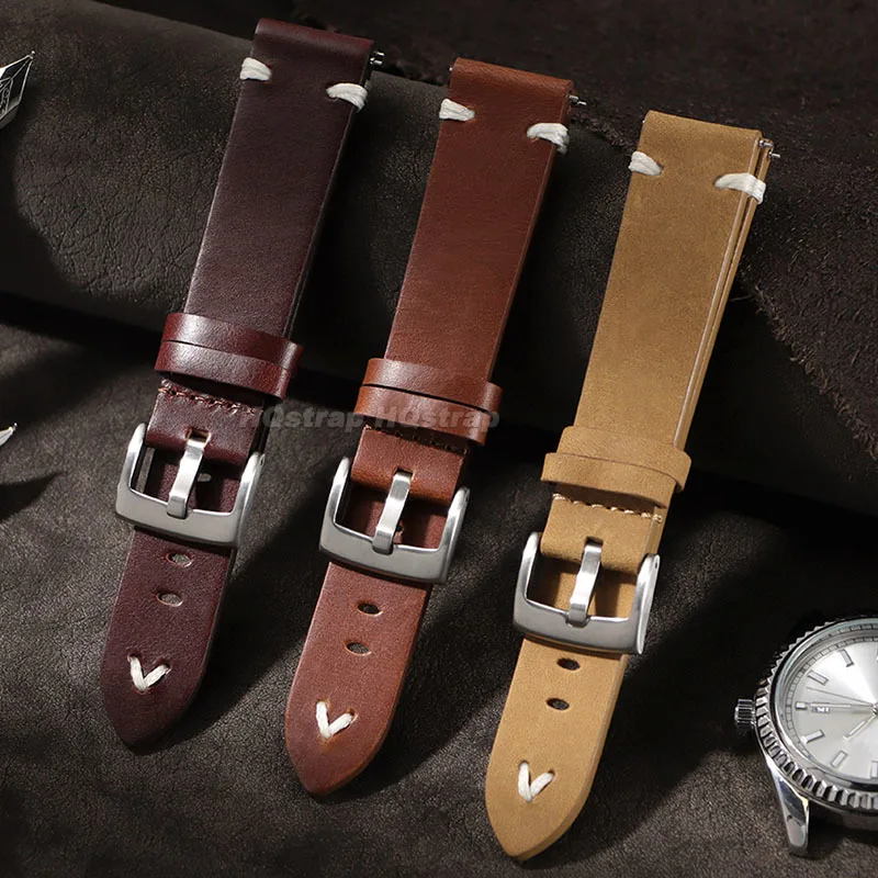 خمر الجلود حزام (استيك) ساعة 20 مللي متر النفط الشمع جلد البقر حزام ل Seiko سوار الرياضة الإفراج السريع العالمي معصمه للرجال امرأة