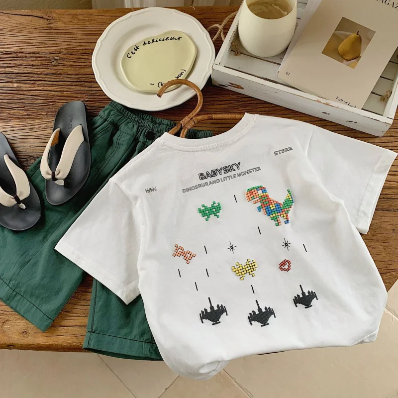 ChildrenTT-shirt2024Summer 만화 프린트 반팔 G0125-WS, 무지개 공룡 소년, 신제품