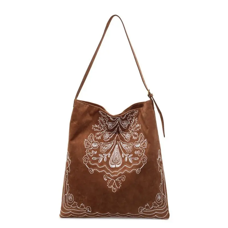 Brown Coffee Black Suede Paisley Embroidered Hobo Bag Vintage Bohemian Crossbody Shoulder Soft Tote Purse Large Capacity Women