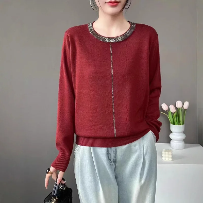 Sweter damski z okrągłym dekoltem, długim rękawem, zdobiony dżetami, nowy styl na wiosnę i jesień, luźny, uniwersalny, bazowa warstwa dzianiny.