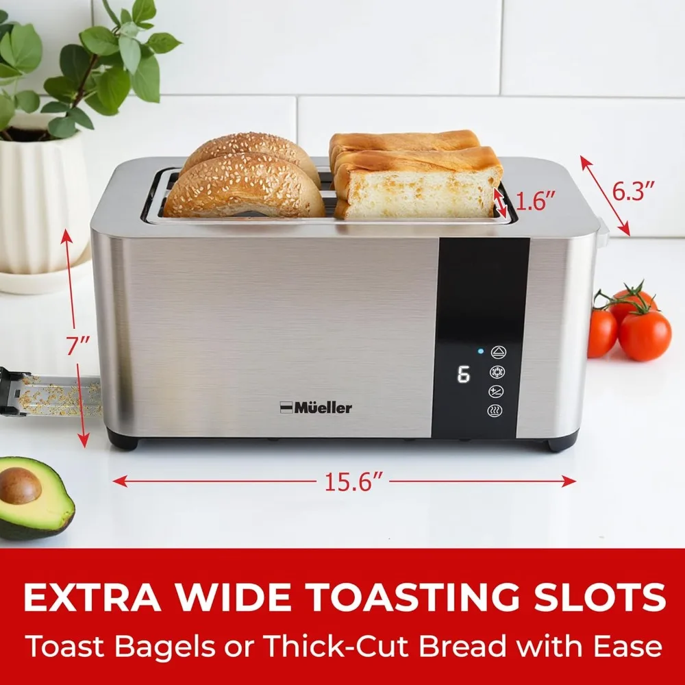 

Stainless Steel Toaster 4 Slice, LED Display Long Extra-Wide Slots w/Removable Tray, Cancel/Defrost/Reheat Functions, 6 setting