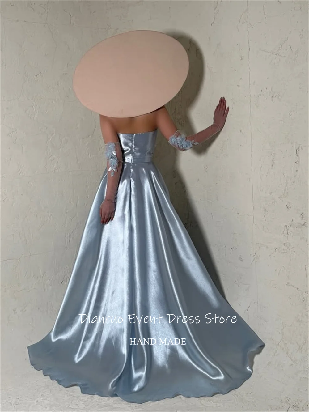 Dianruo Gaun Malam Bunga A Line Tanpa Tali Satin Celah Tinggi Vestidos De Noche Ruched Biru Laut Abendkleider Dubai Disesuaikan