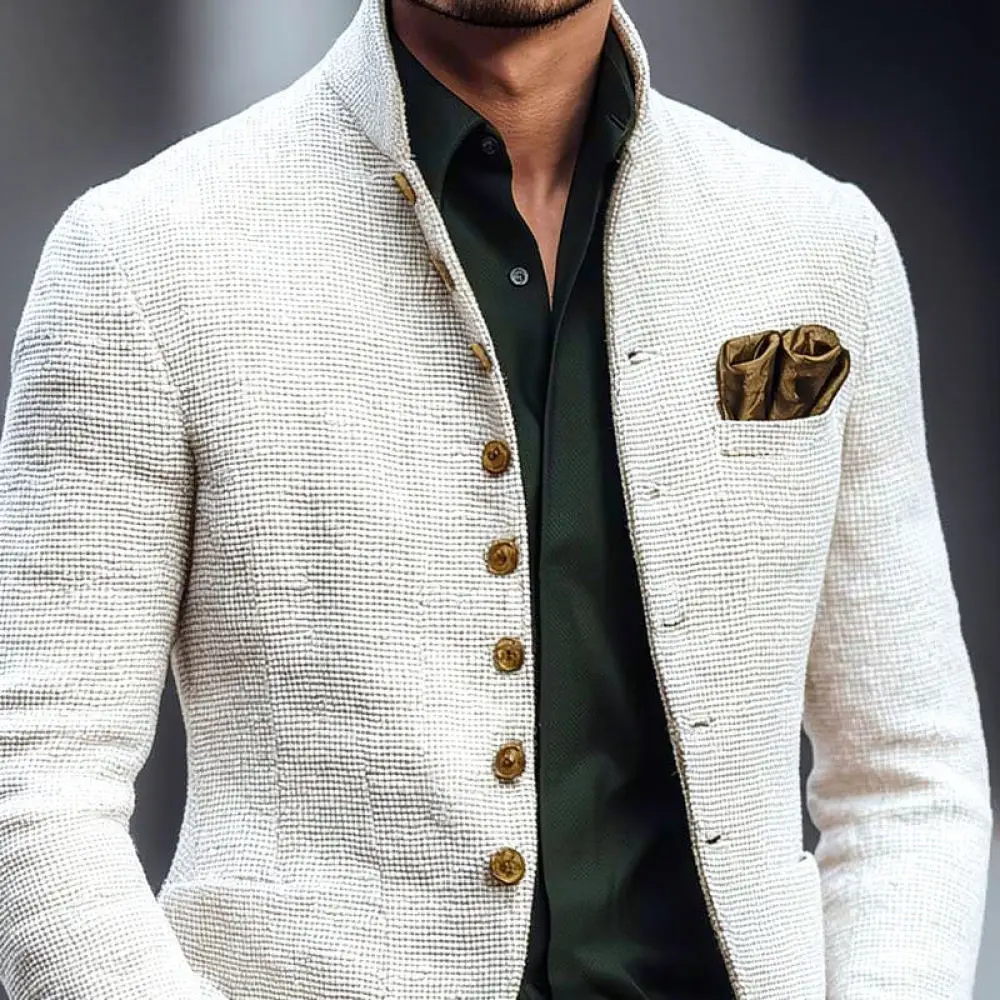 Mens Business Blazer Jacket Slim Fit Stand Collar Single Breasted Long Sleeve Coat Casual Style Male Fashion Outwear