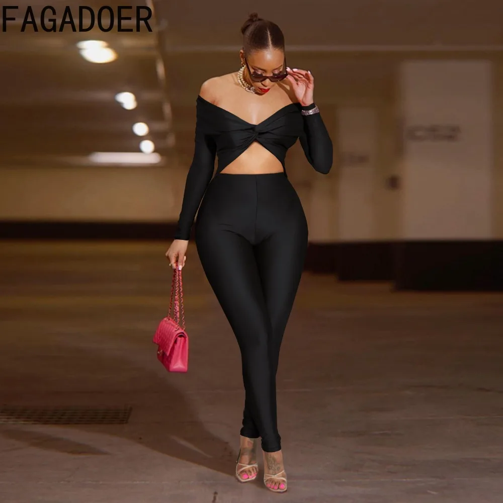FAGADOER Sexy Hollow Out Bodycon Jumpsuit Woman Solid Color Off Showlder Backless Rompers Female Streetwear Overalls 2025 New
