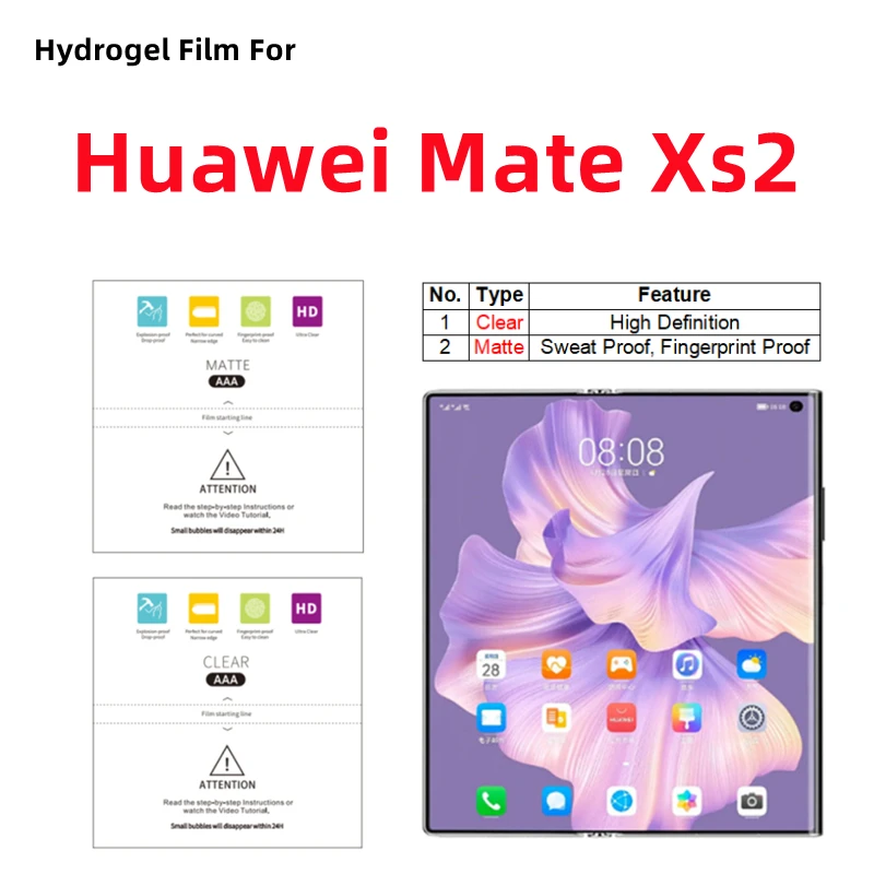 

2pcs Matte Hydrogel Film For Huawei Mate Xs 2 Clear Protective Film For Huawei Mate Xs2 Folding Mobile Phone HD Screen Protector