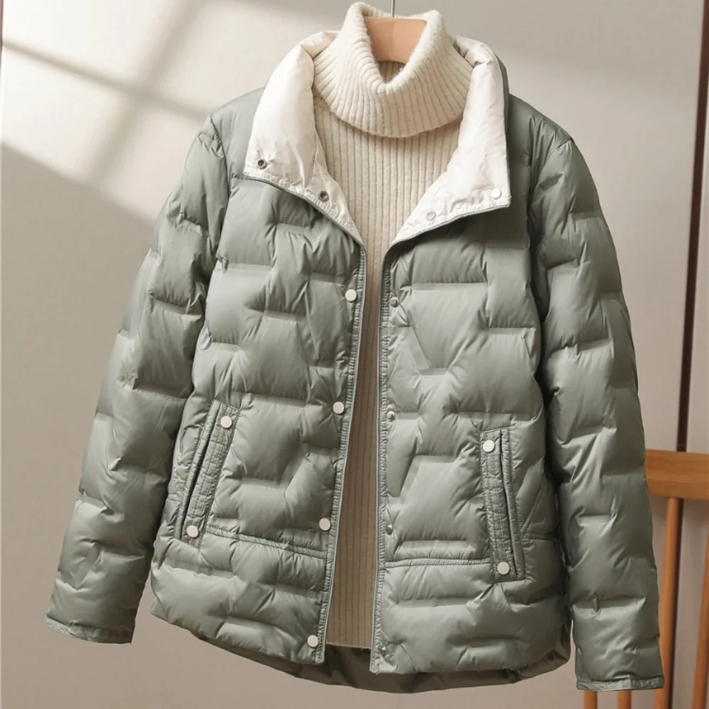 2024 New Autumn Winter Women White Duck Down Coat Casual Lapel Single Breasted Jacket Fashion Light Puffer Parka Thick Outwear