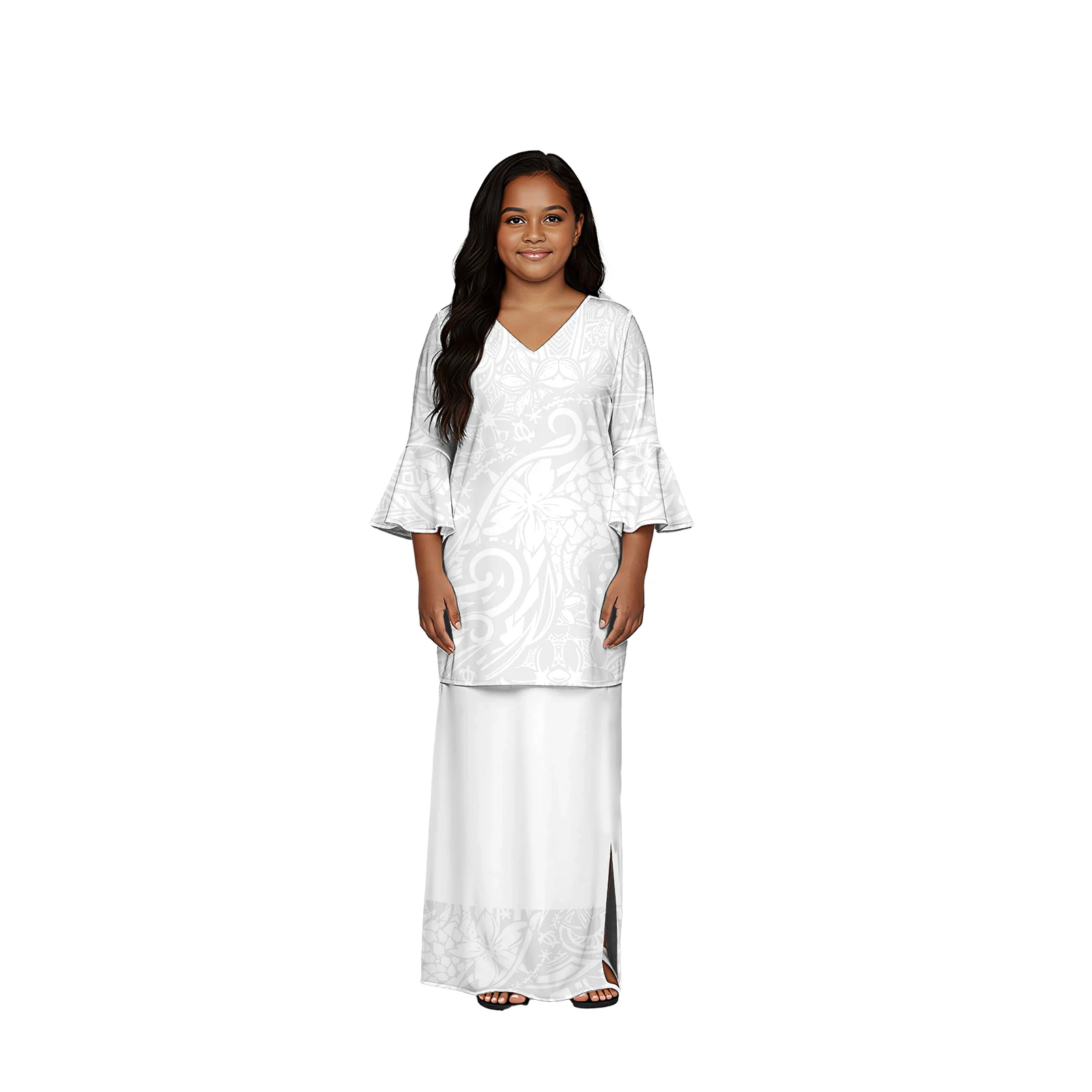 Upscale Polynesian Long Flare Sleeve Kids Hawaiian Hibiscus Printing Girls Elegant V-Neck Children Samoan Puletasi White Sunday