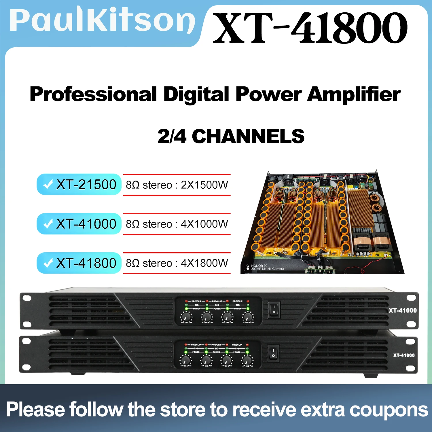 Paulkitson XT41800 4X1800W 8OHM Line Array Speaker Amplifier Professional Digital Power Amplifier 4 Channel DJ Subwoofer Preamp