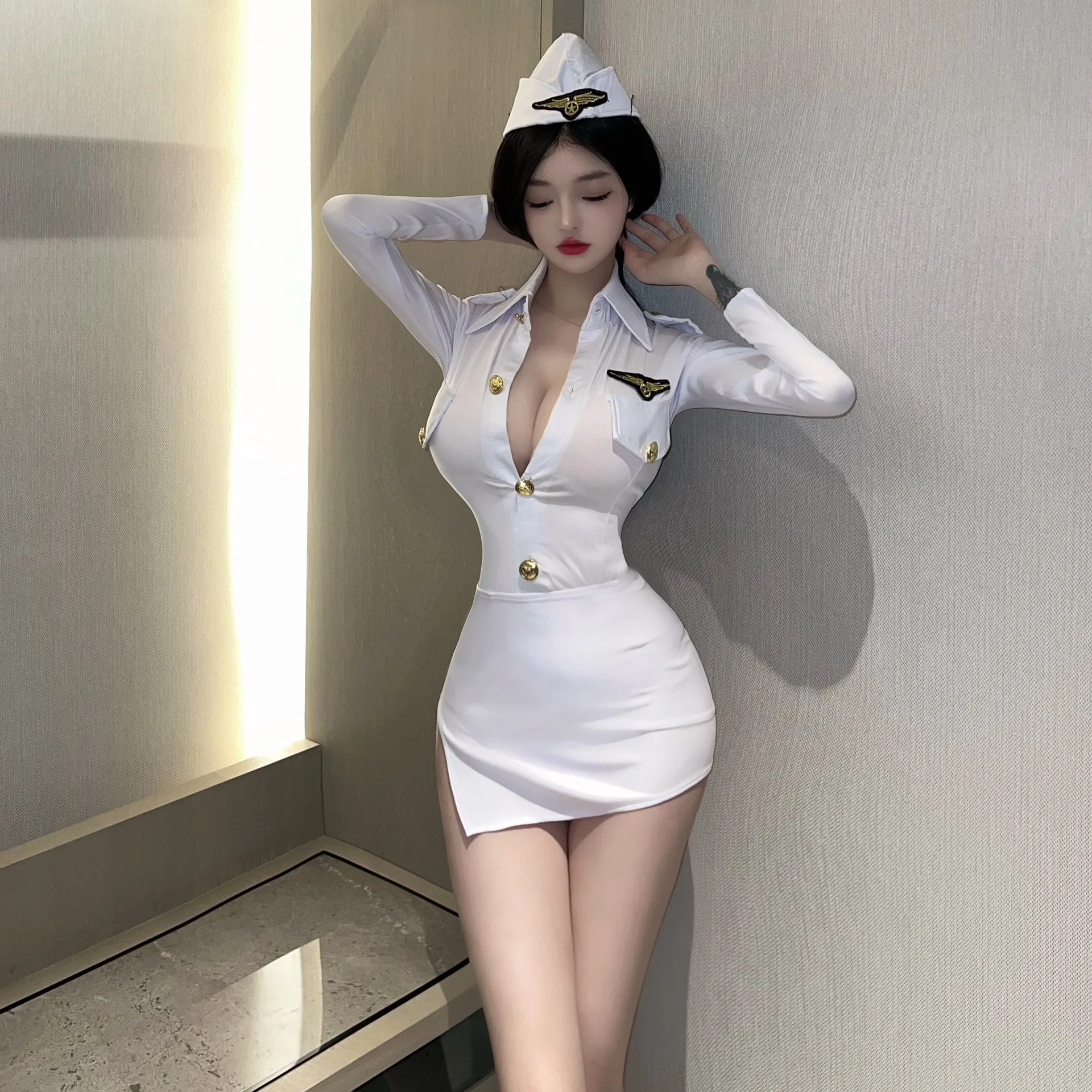 Seductive Police Women Night Market Set Lady Secretary Uniform Polyester Fiber Three-Quarter Sleeve Workwear Ladies Dress