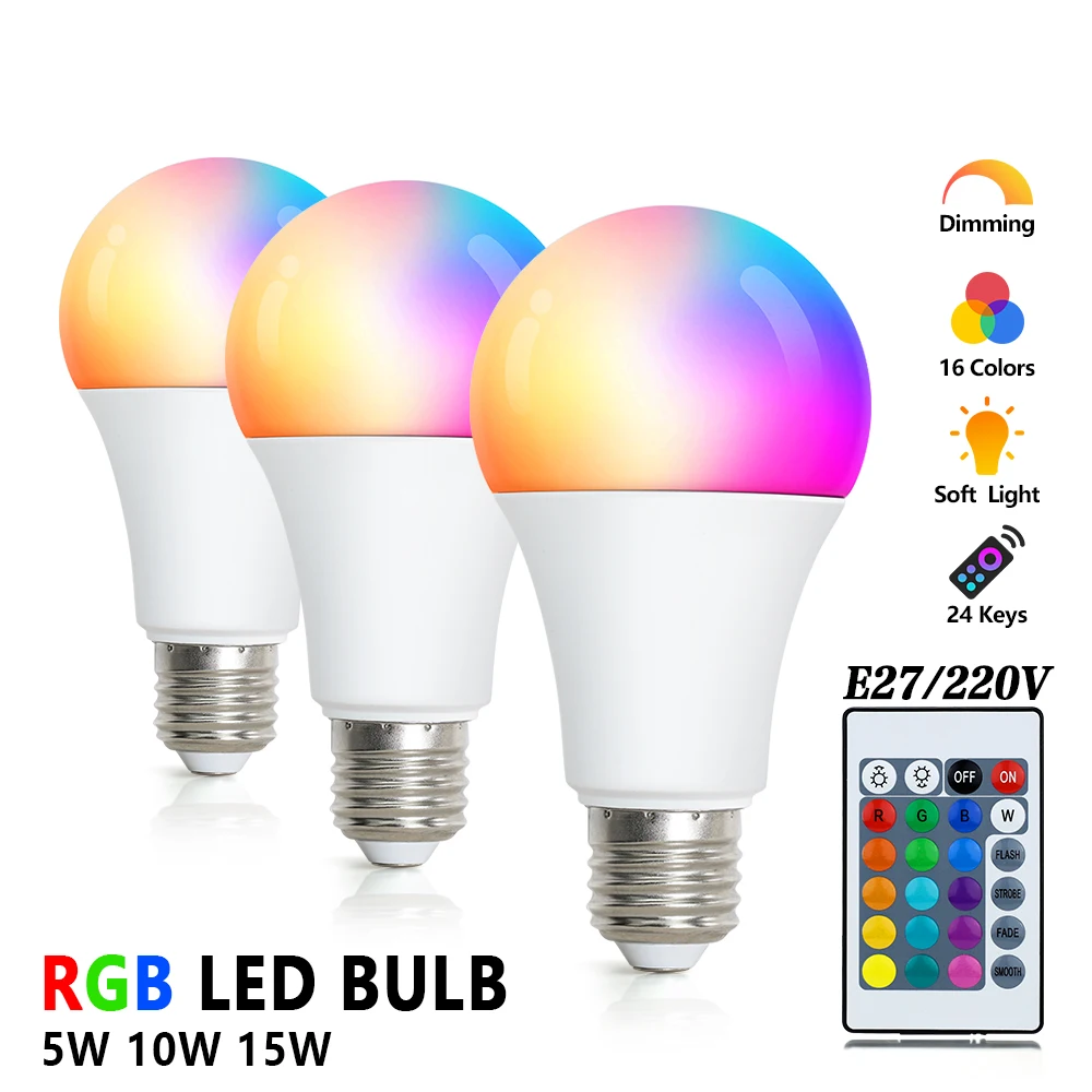 LED Light Bulb Remote Control RGB Ampoules Lamp Bulb E27 220V Color Focus LED Bedroom Home Decoration Lighting 5W 10W 15W Bulbs