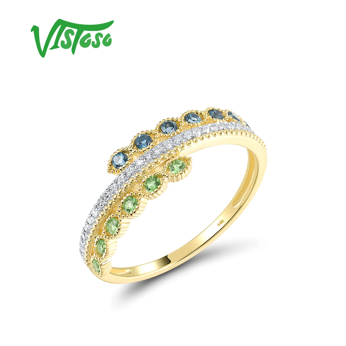 VISTOSO Pure 14K 585 Yellow Gold Ring For Women Sparkling Diamonds Emerald Blue Topaz Stackable Chic Birthday Gifts Fine Jewelry