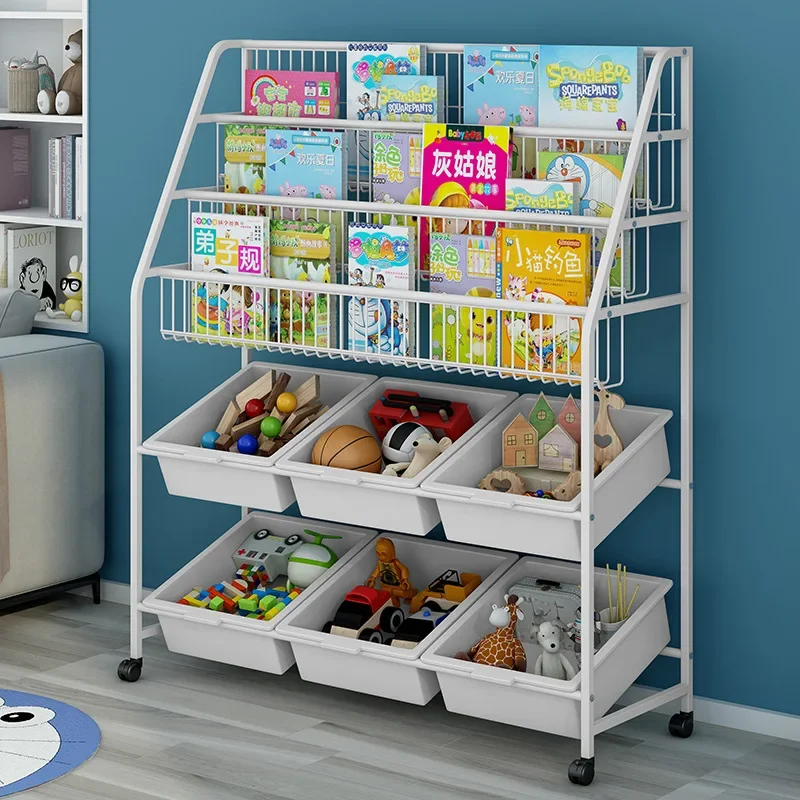 

Children's Long Bookshelf, Basket Design Toy Organizer, Movable Storage Shelf with Wheels, Baby Room Bookcase, Playroom Solution