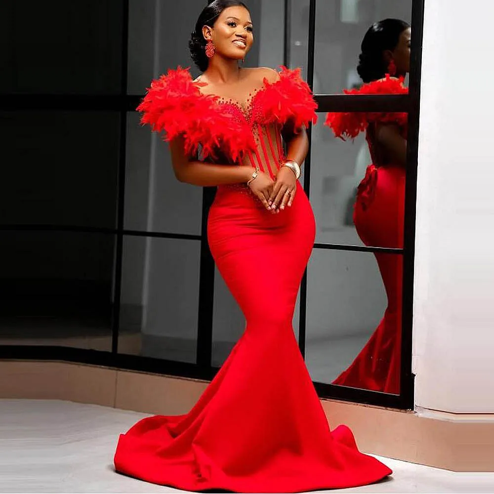 Red Feathers Mermaid Prom Dresses With Beads Pearls Exposed Boning Aso Ebi Black Girls Evening Dress Formal Birthday Gowns