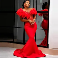 Red Feathers Mermaid Prom Dresses With Beads Pearls Exposed Boning Aso Ebi Black Girls Evening Dress Formal Birthday Gowns