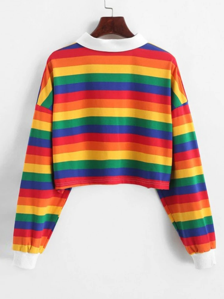 Polo Shirt Women Sweatshirt Long Sleeve Rainbow Color Ladies Hoodies With Button Striped Korean Style Sweatshirt Women