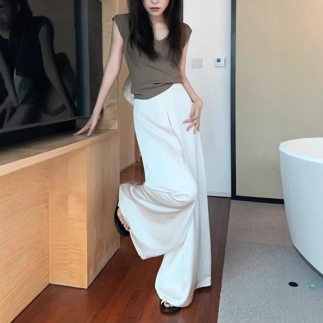Solid Color Silky Satin Drape Casual Wide-leg Pants 2026 Summer New High-waisted Trousers Floor Pants