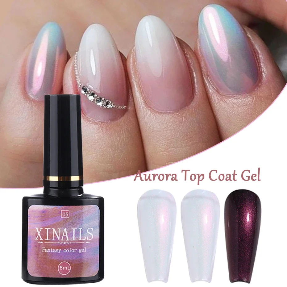 8ml Aurora Top Coat Gel Nail Polish Iridescent Pearl Effect Top Coat Long Lasting Manicure Soak Off UV Nail Gel Manicure Varnish
