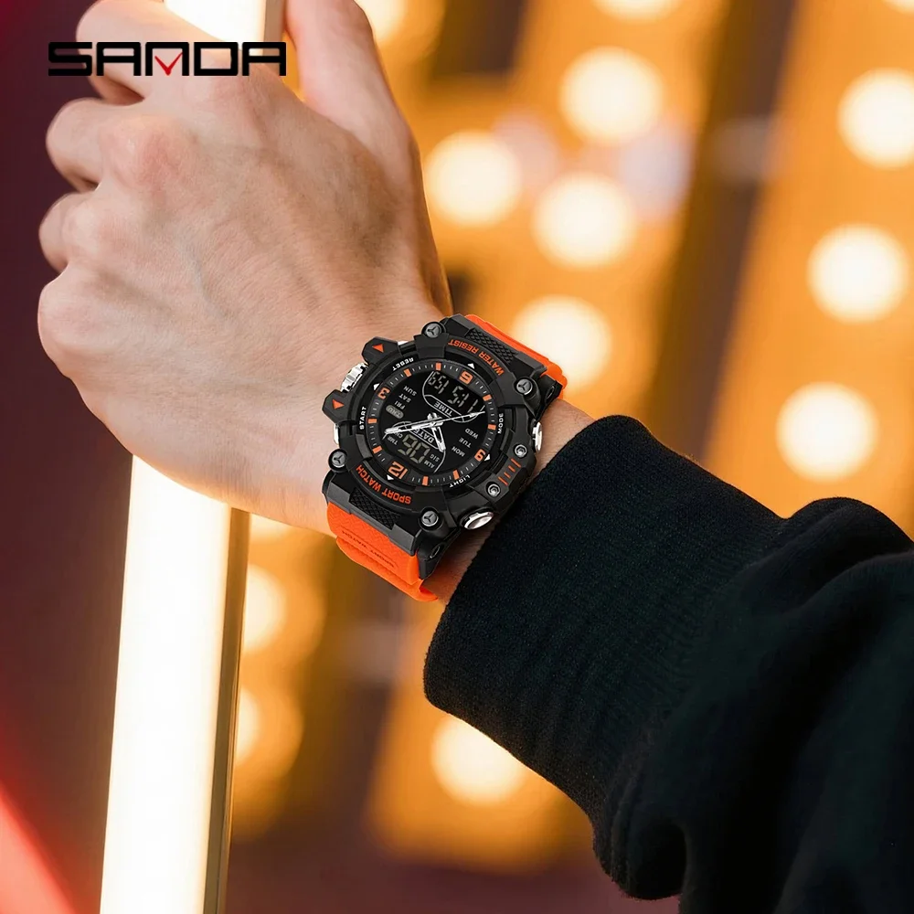 SANDA 6323 ساعة إلكترونية للرجال عرض مزدوج مضيئة مقاوم للماء ساعة الطالب الرياضة في الهواء الطلق ساعة رقمية متعددة الوظائف