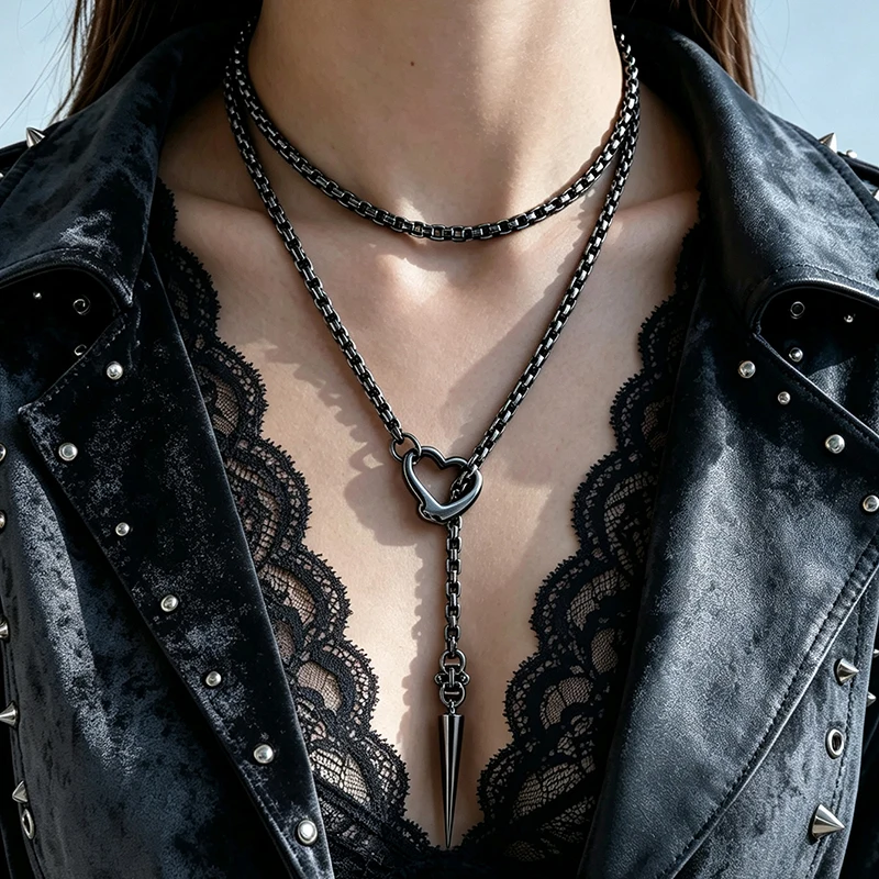 Alloy Y Shape Layered Necklace Hollow Heart Spike Pendant Punk Gothic Women Fashion Jewelry