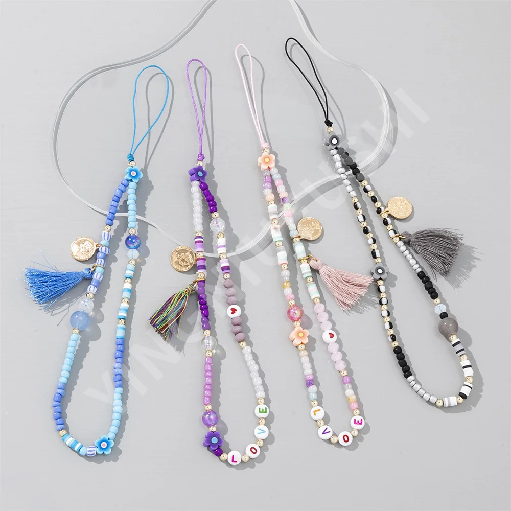 Colourful Beaded Mobile Phone Chain Fashion Charm Strap For Women Girl Jewelry Phone Holder Beads Tassels Pendant Lanyard